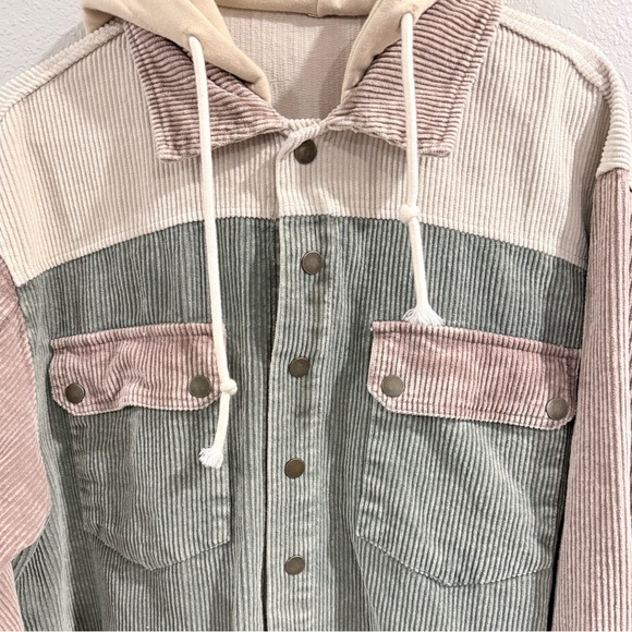 Boutique Corduroy Color Block Jacket Women's Cream Green Brown Button Up Size XL - Picture 2 of 6